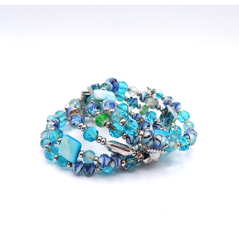 Aqua Memory‎ Wire Bracelet Glass Beads Wrap Bracelet